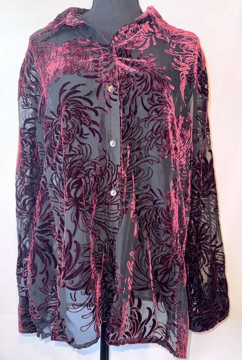 Chico's Tops - Chico's Black and Burgundy Floral Burnout Velvet Button-Down Shirt WhimsyGoth